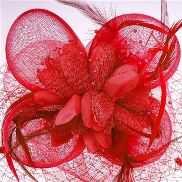Women's Fascinators Flower Feathers with Veil Red - Picture 3 of 7